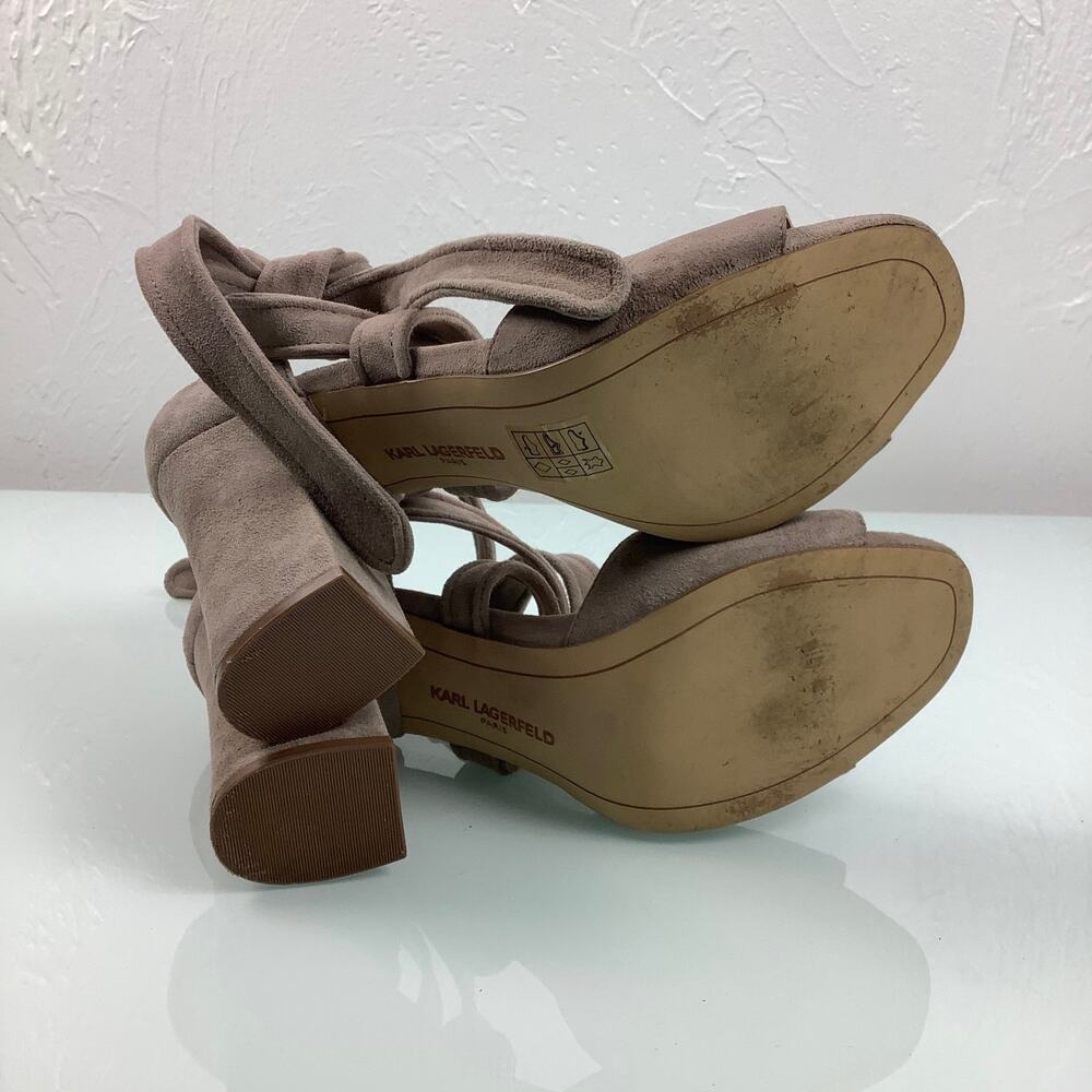 Karl Lagerfeld Racha Nude Suede Ankle tie Block heels warp sandals SZ 7.5M - Picture 9 of 12